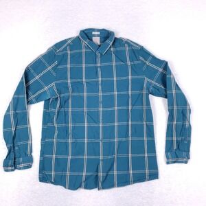 A Frame Shirt Mens L Slim Teal Plaid Long Sleeve Windowpane Cotton Coastal